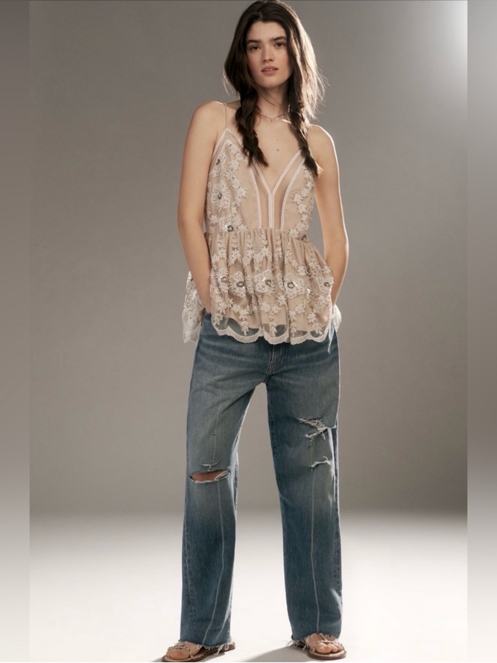 Anthropologie LetMeBe Seaquin Pearl Beaded Going Out Babydoll Top S NWOT - Picture 4 of 14